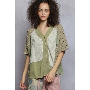 "Tara" V Neck Laser Cut Shacket Top in Olive